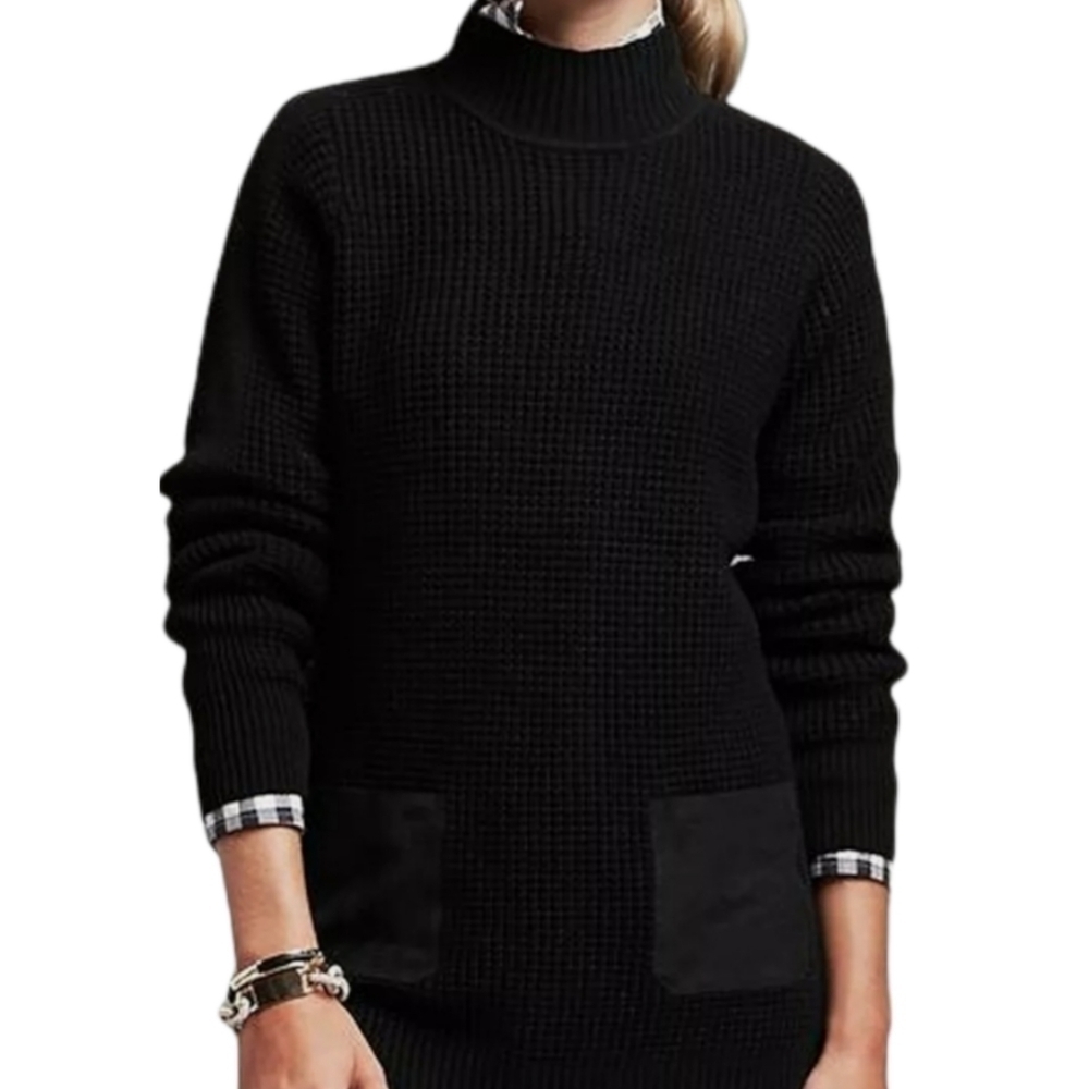 Banana Republic Wool Blend Mock Neck Sweater Tunic front Pockets Waffle Knit S